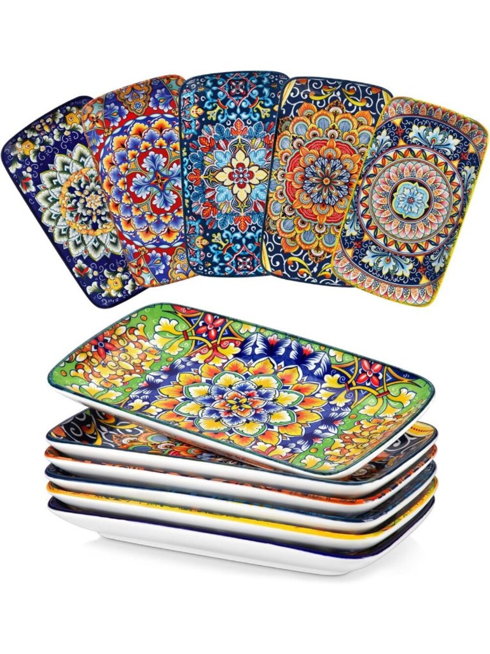 Bohemian Floral Dinner Plates Set of 6 - 9.5" Colorful Porcelain, Microwave